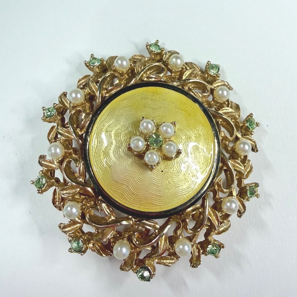 Vintage Gold Tone Guilloche Enamel Faux Pearl Rhinestone Wreath Brooch Pin 2in